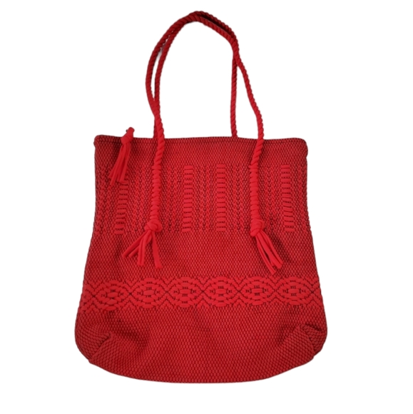 Vintage Handbags - Vintage Red Boho Crochet Fabric Tote Handbag